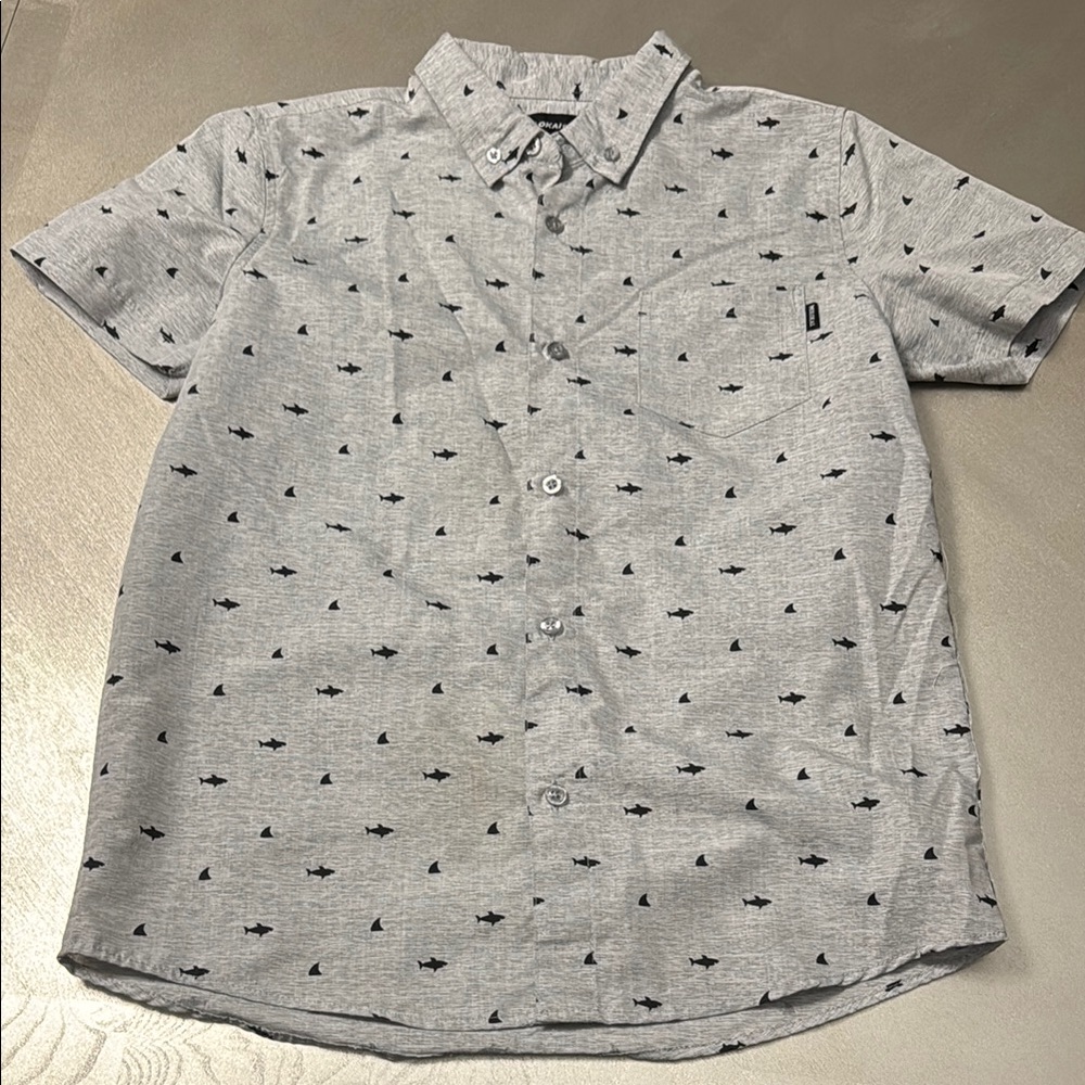 Gray Short Sleeve Button Down Shirt with Shark Pattern